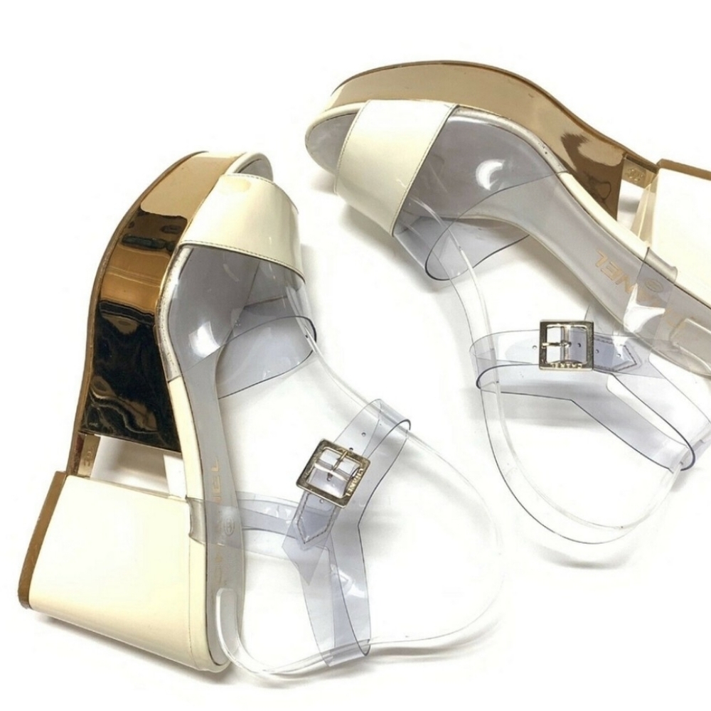 CHANEL Wedge Sandals 37 Transparent White & Gold